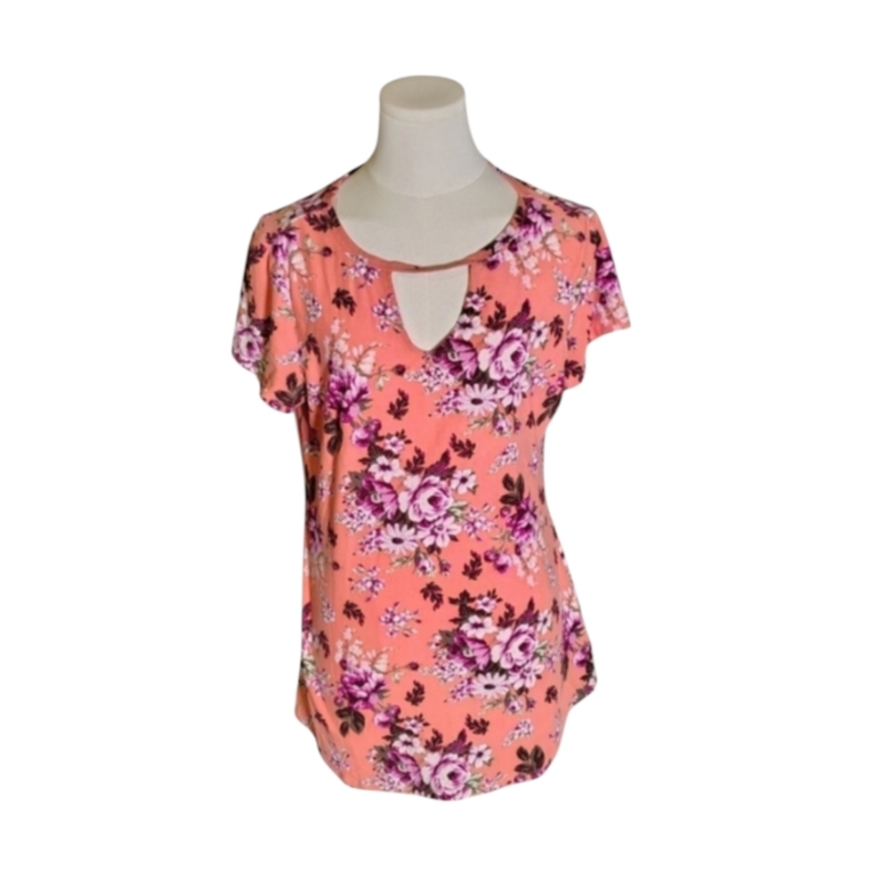 Vintage Joe Boxer Orange and Purple Floral Stretchy Keyhole Blouse Size Large